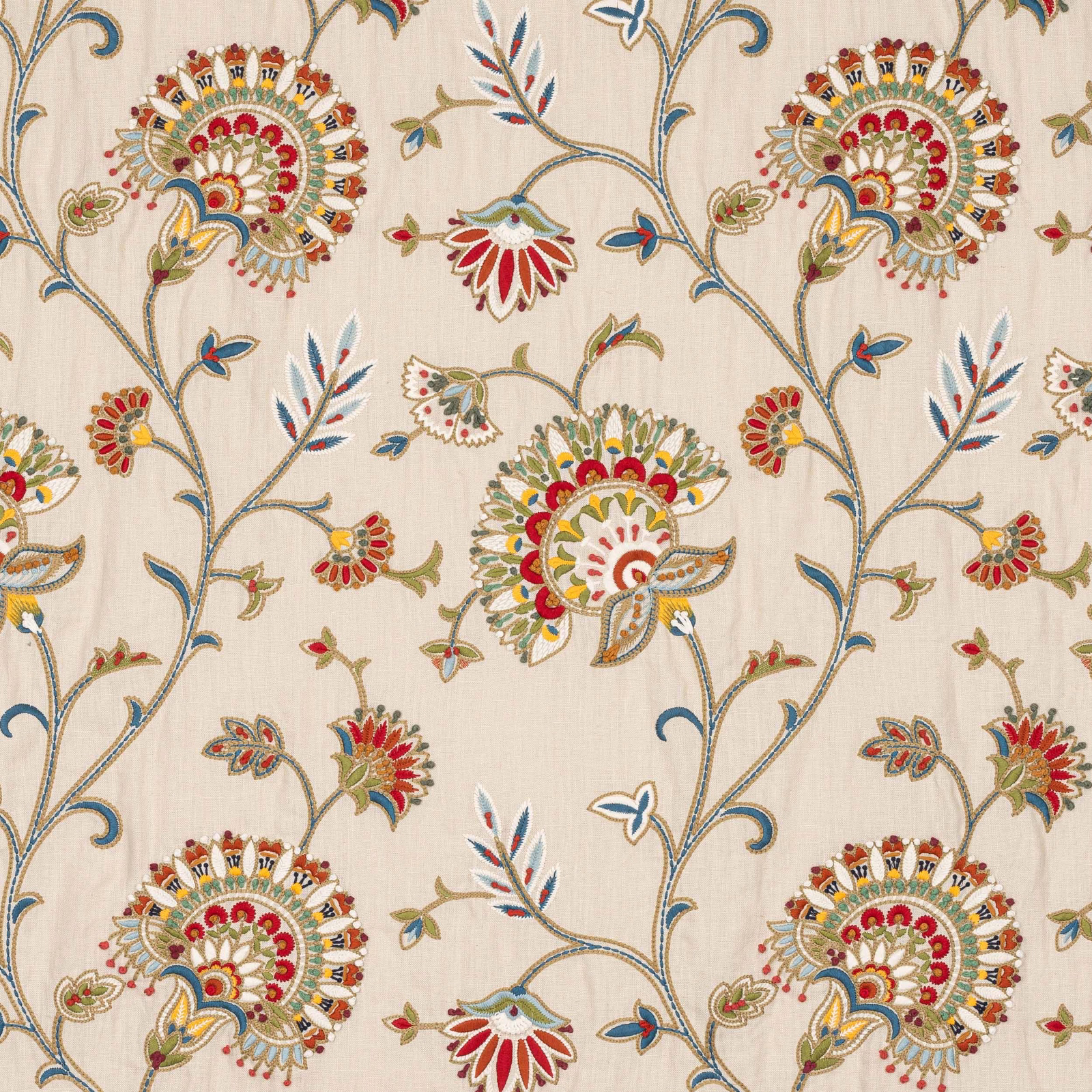 Cream floral vine fabric with multicoloured embroidered-style motifs and scrolling stems