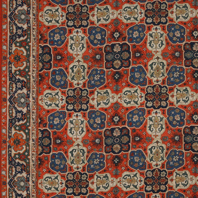 Patterned fabric swatch with antique red ground, navy, cream and green motifs