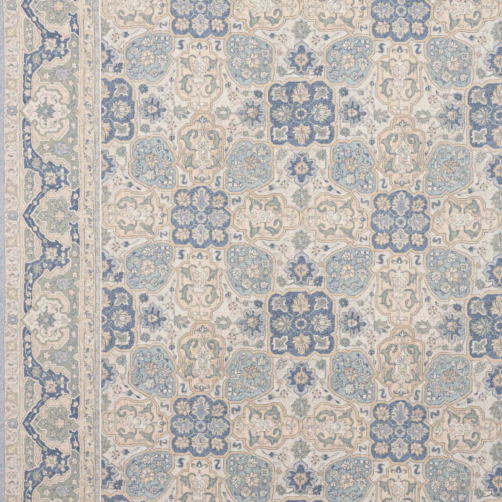 Pale blue and cream geometric woven fabric with aged floral medallions