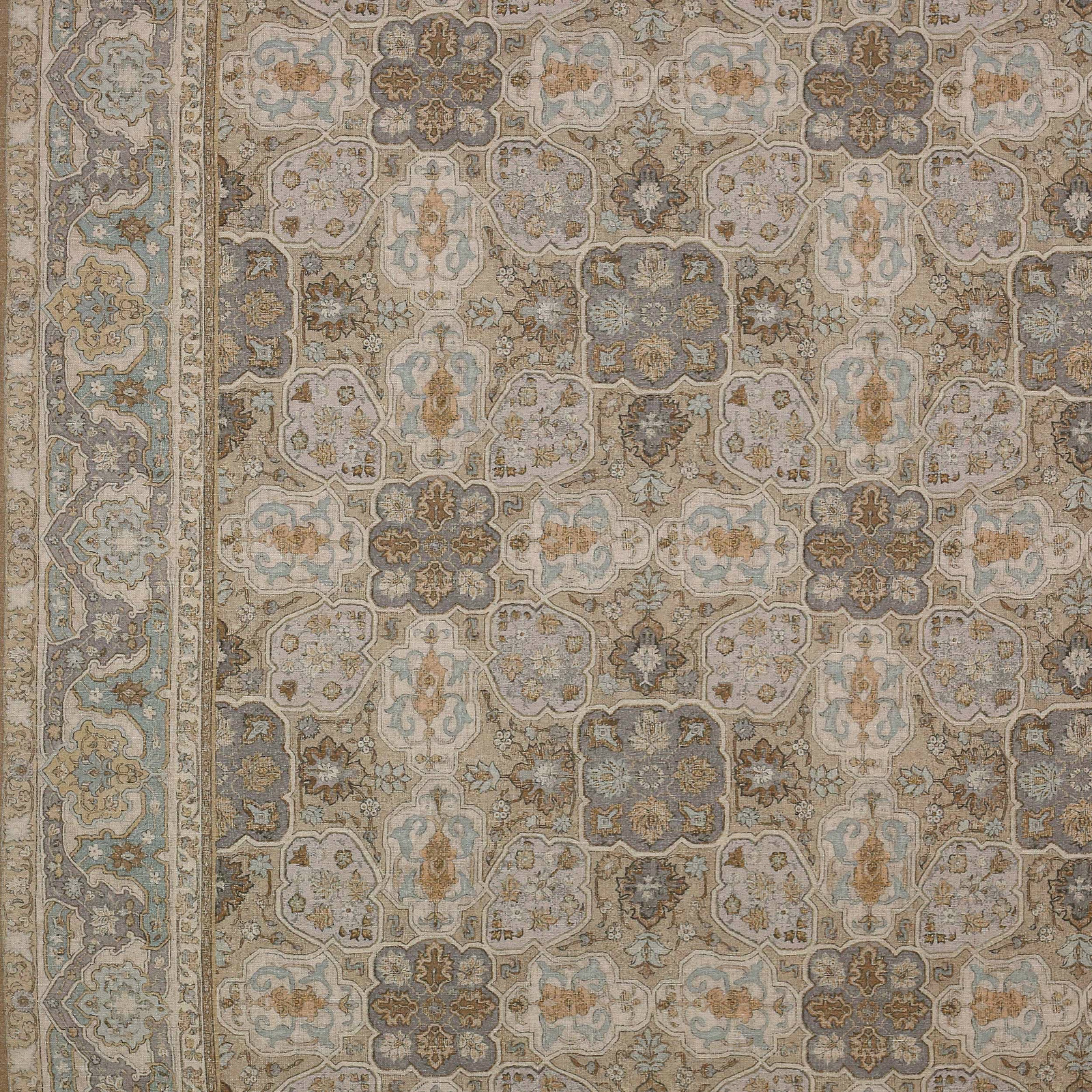 Stone taupe geometric fabric swatch with faded blue and grey patterning