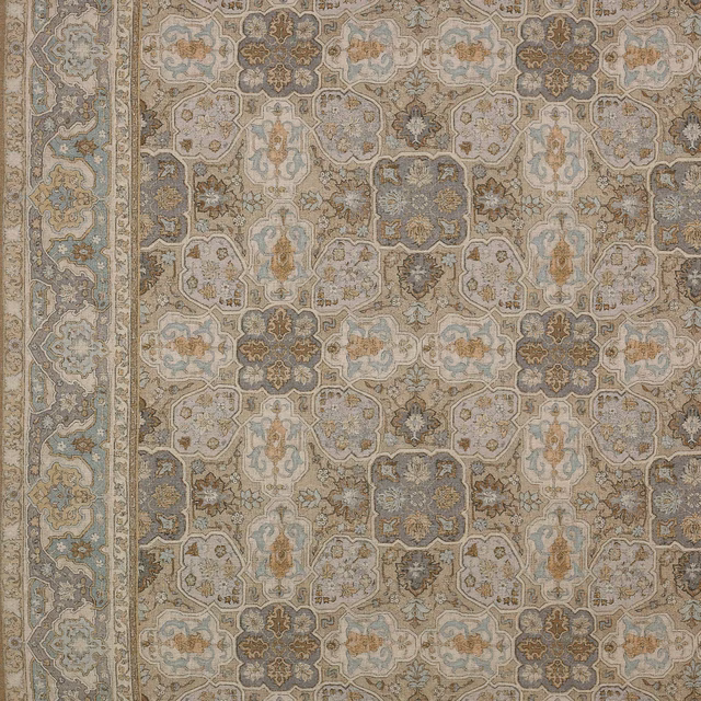 Stone taupe geometric fabric swatch with faded blue and grey patterning