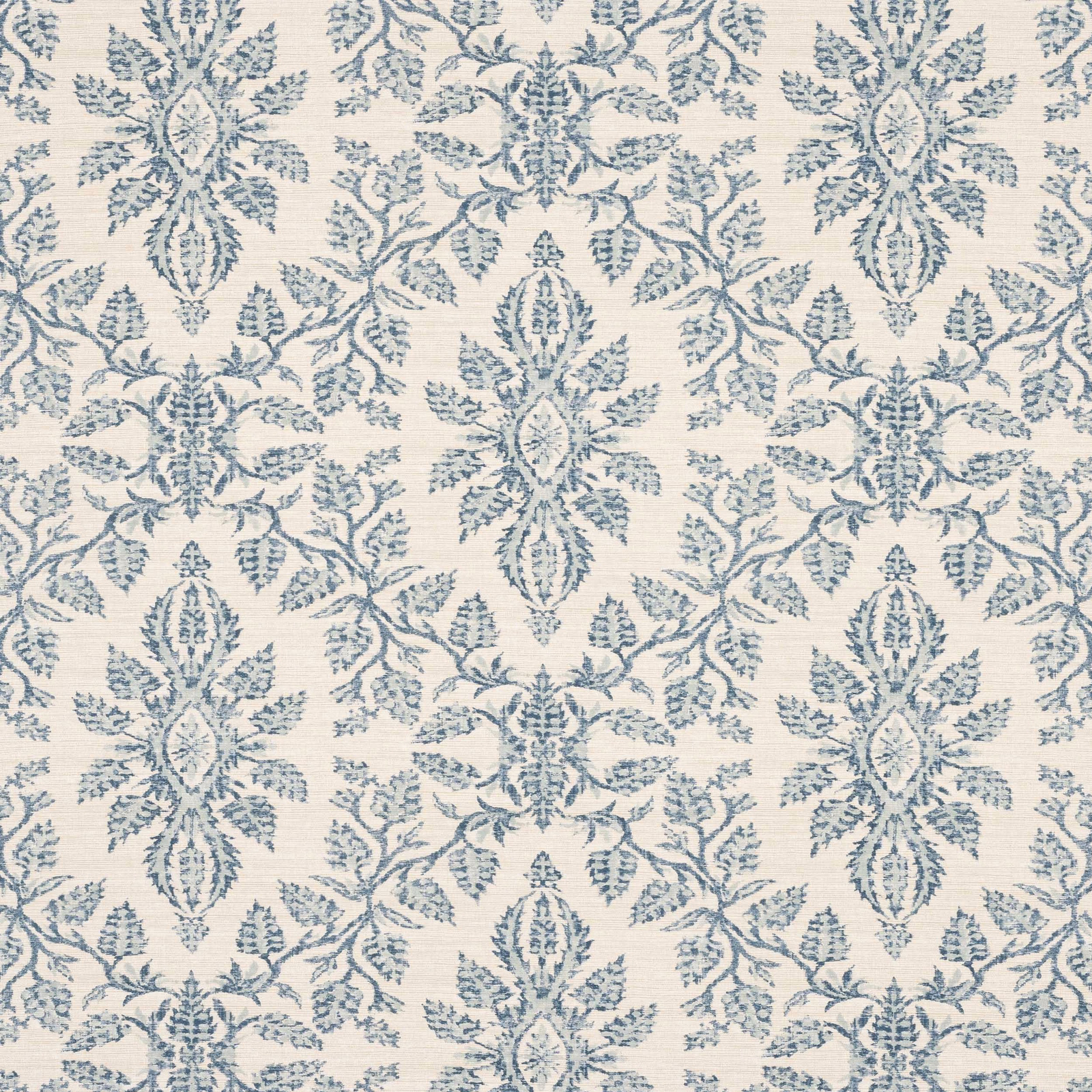 Blue damask motif on a pale textured linen-blend ground