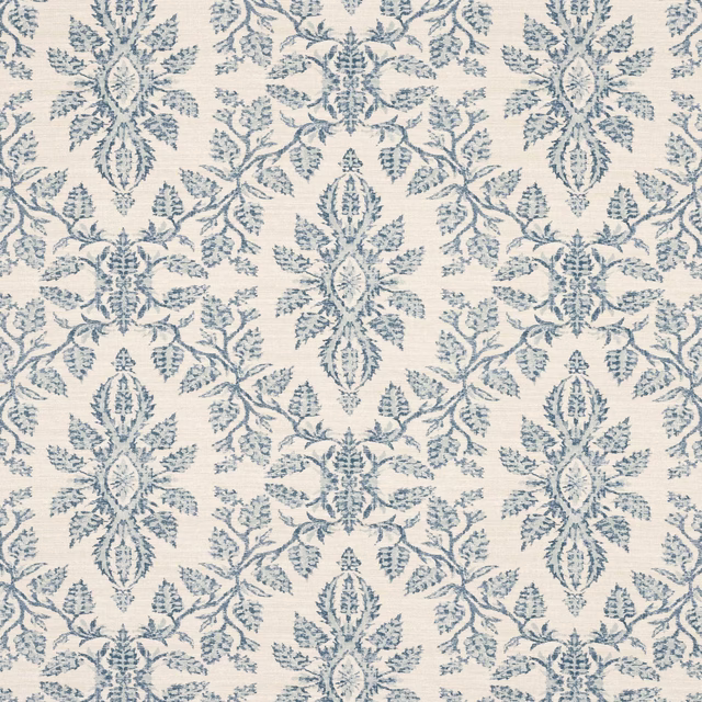 Blue damask motif on a pale textured linen-blend ground