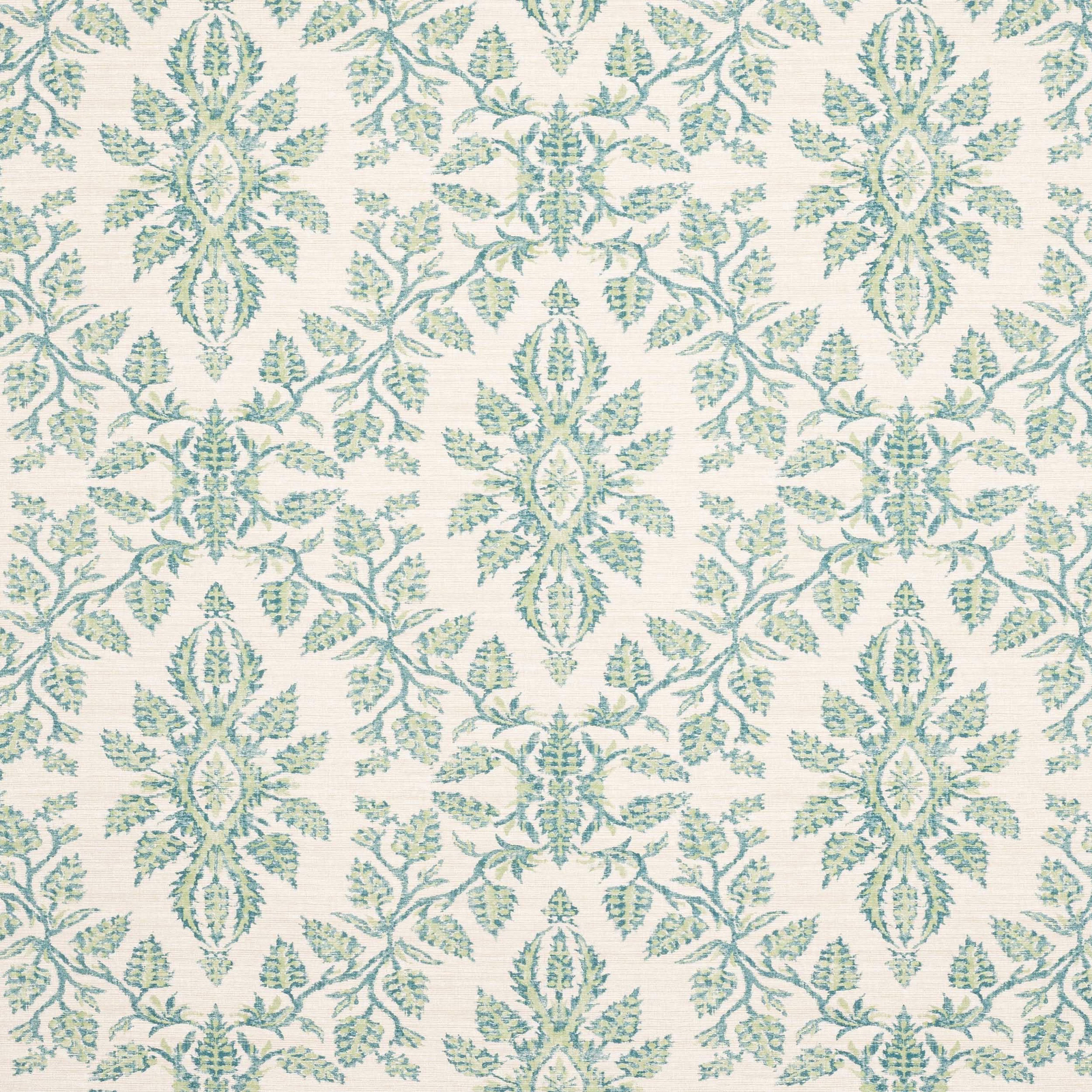 Pale sage green damask floral textile on an ivory woven ground