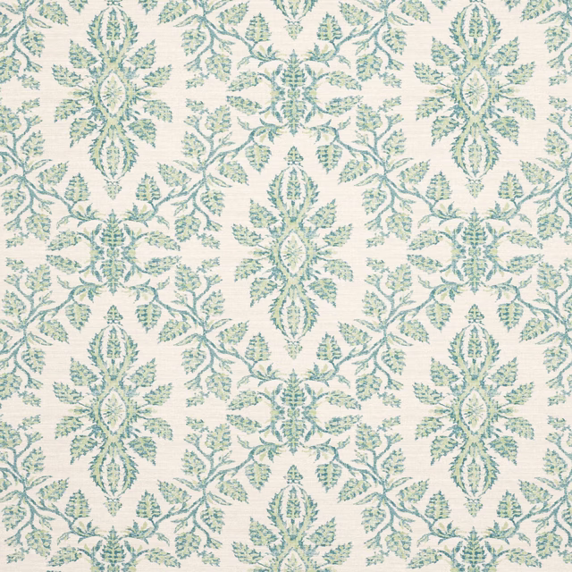 Pale sage green damask floral textile on an ivory woven ground