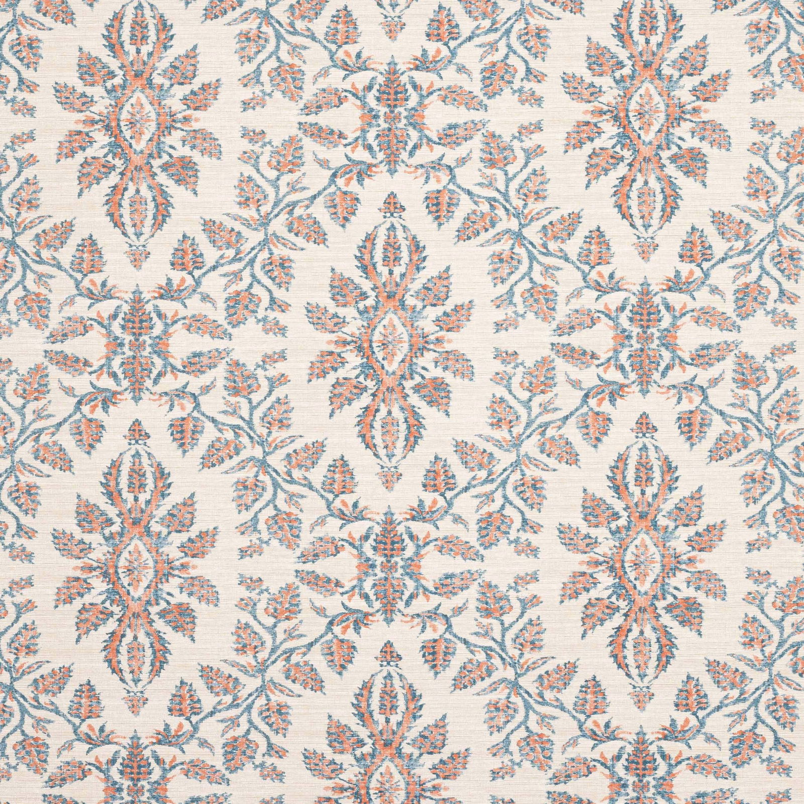 Ivory fabric swatch with large navy and red floral damask pattern