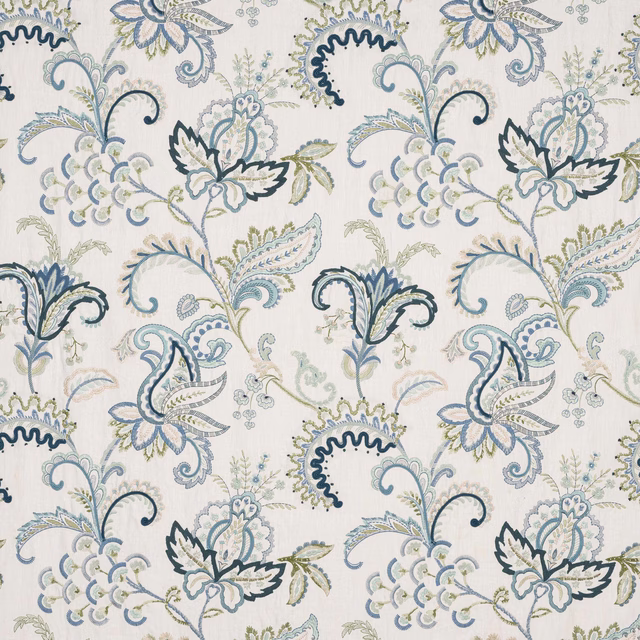 Large scrolling floral fabric in soft blue, teal and sage on a pale ground