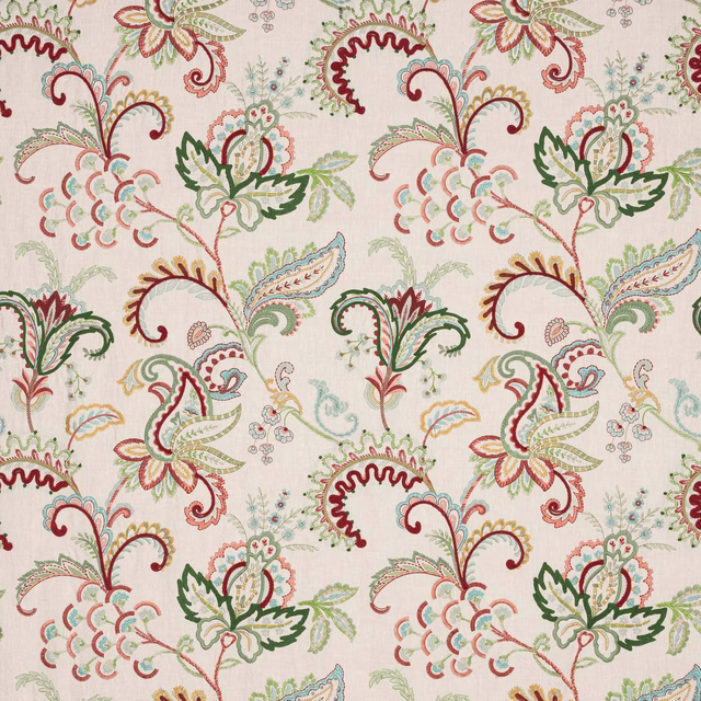 Pale ground fabric with large red and green scrolling floral motifs
