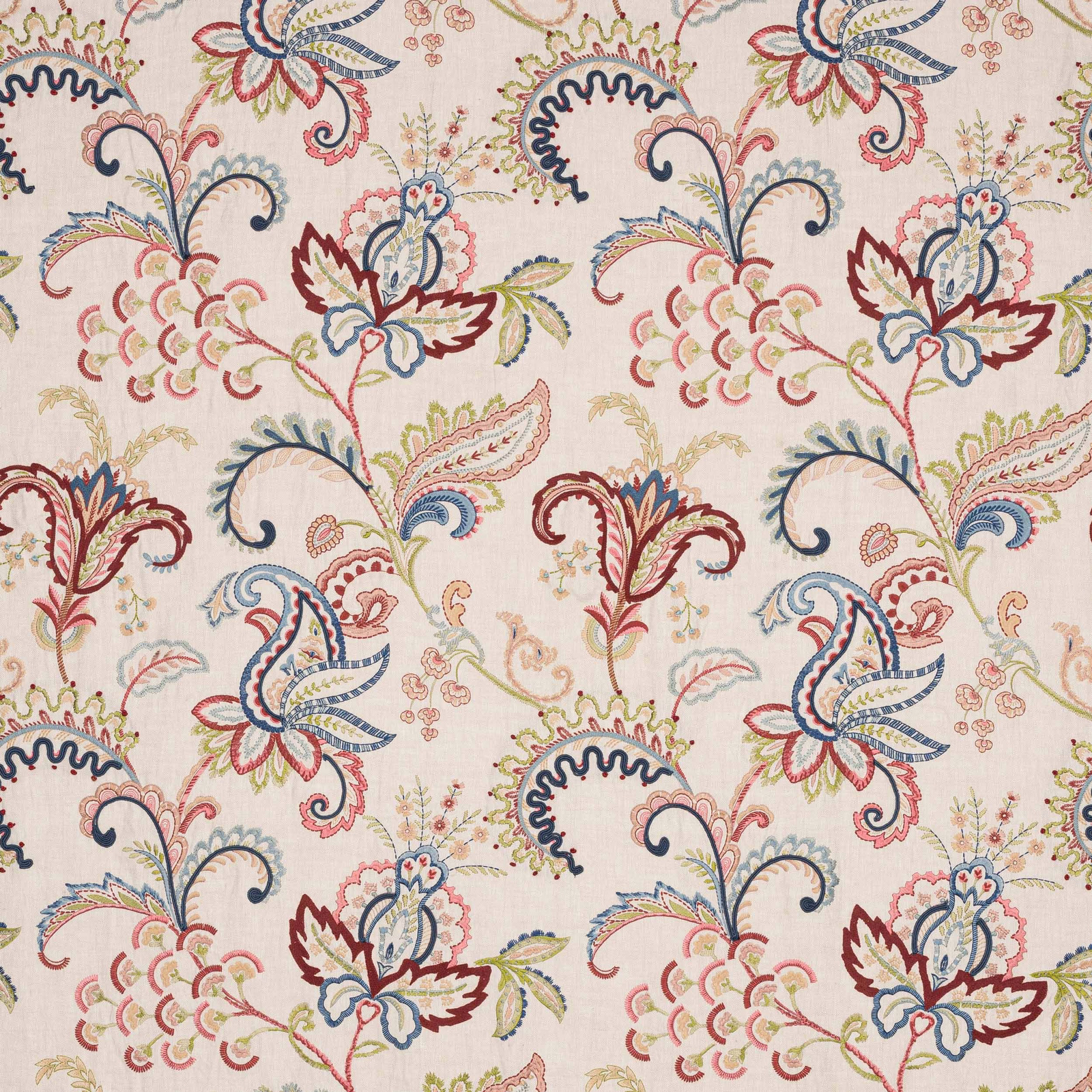 Ivory floral scroll fabric with red and navy outlines and pastel accents
