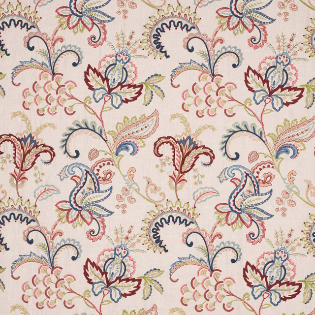 Ivory floral scroll fabric with red and navy outlines and pastel accents