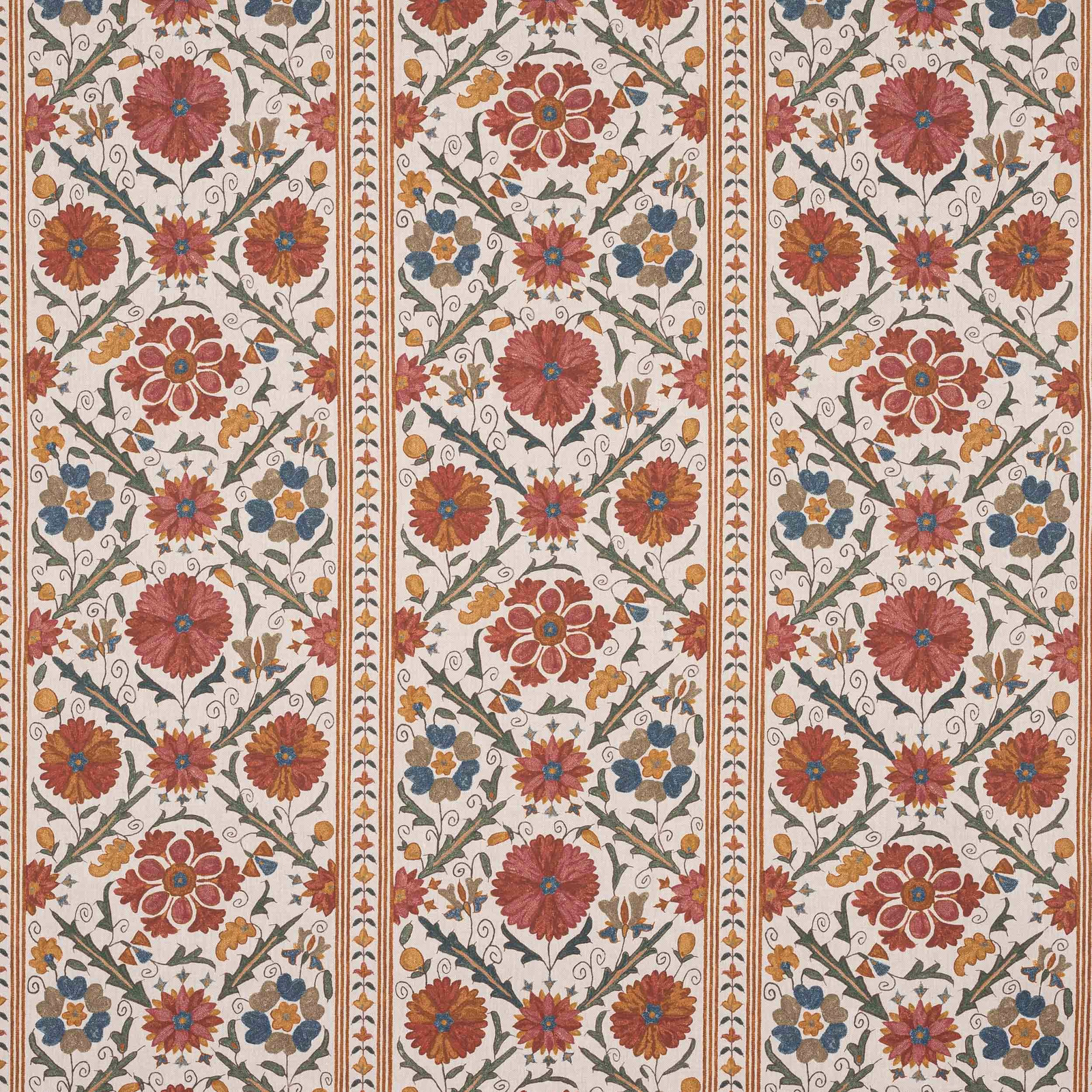Vertical floral linen print with antique red blooms, olive stems and blue accents