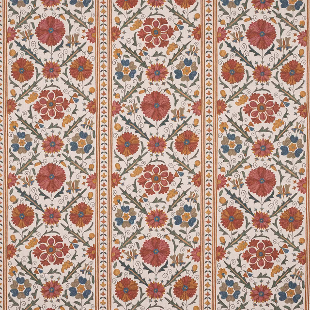 Vertical floral linen print with antique red blooms, olive stems and blue accents