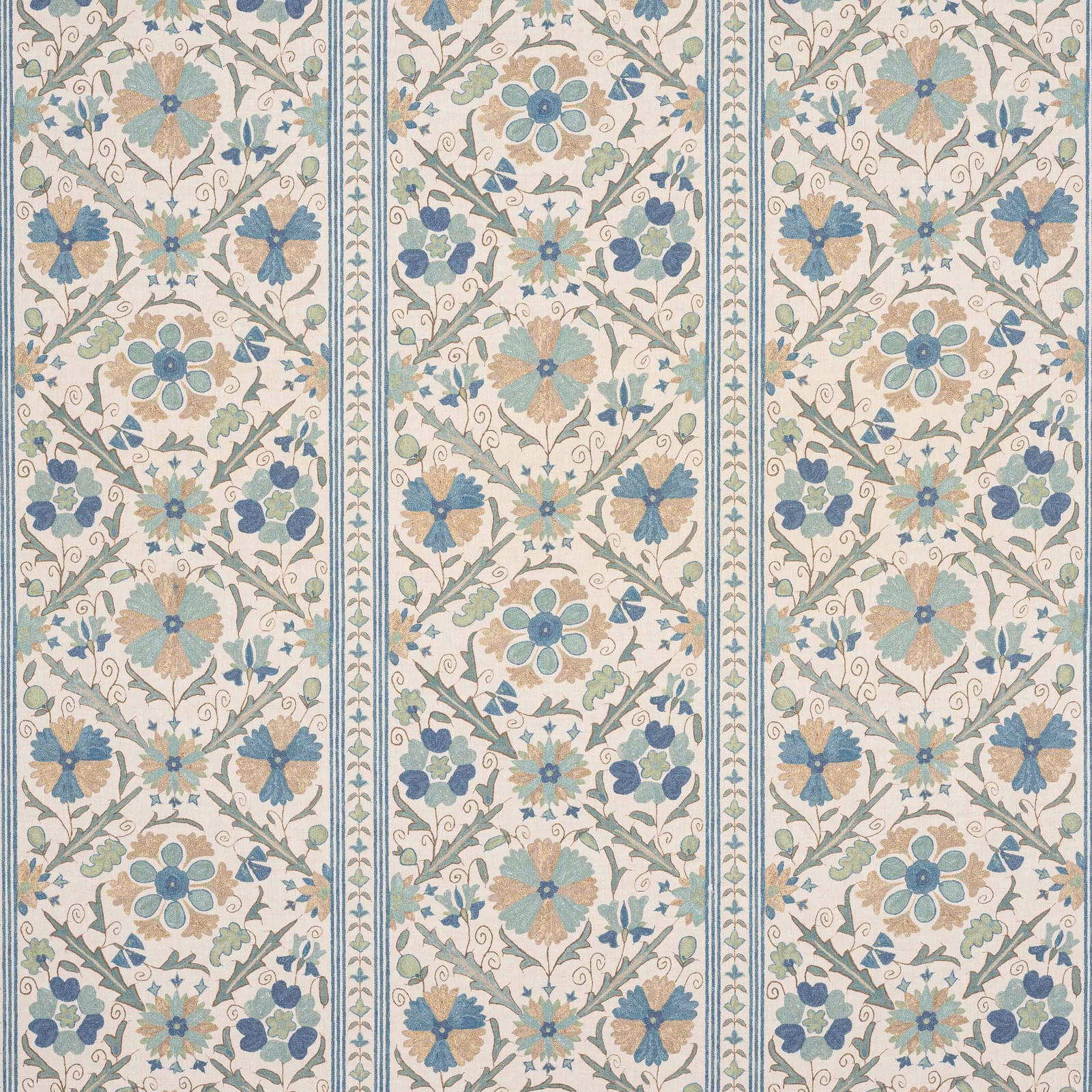 Blue and cream floral striped linen fabric with trailing vine motif
