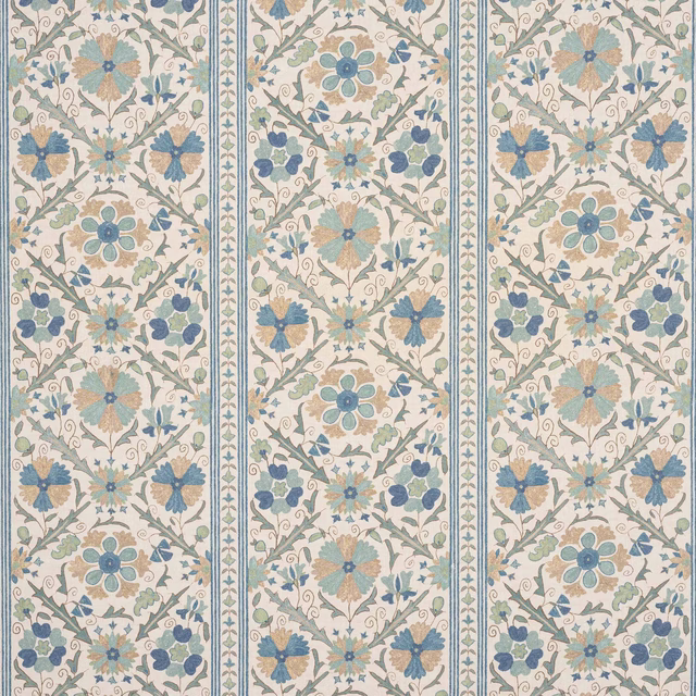 Blue and cream floral striped linen fabric with trailing vine motif