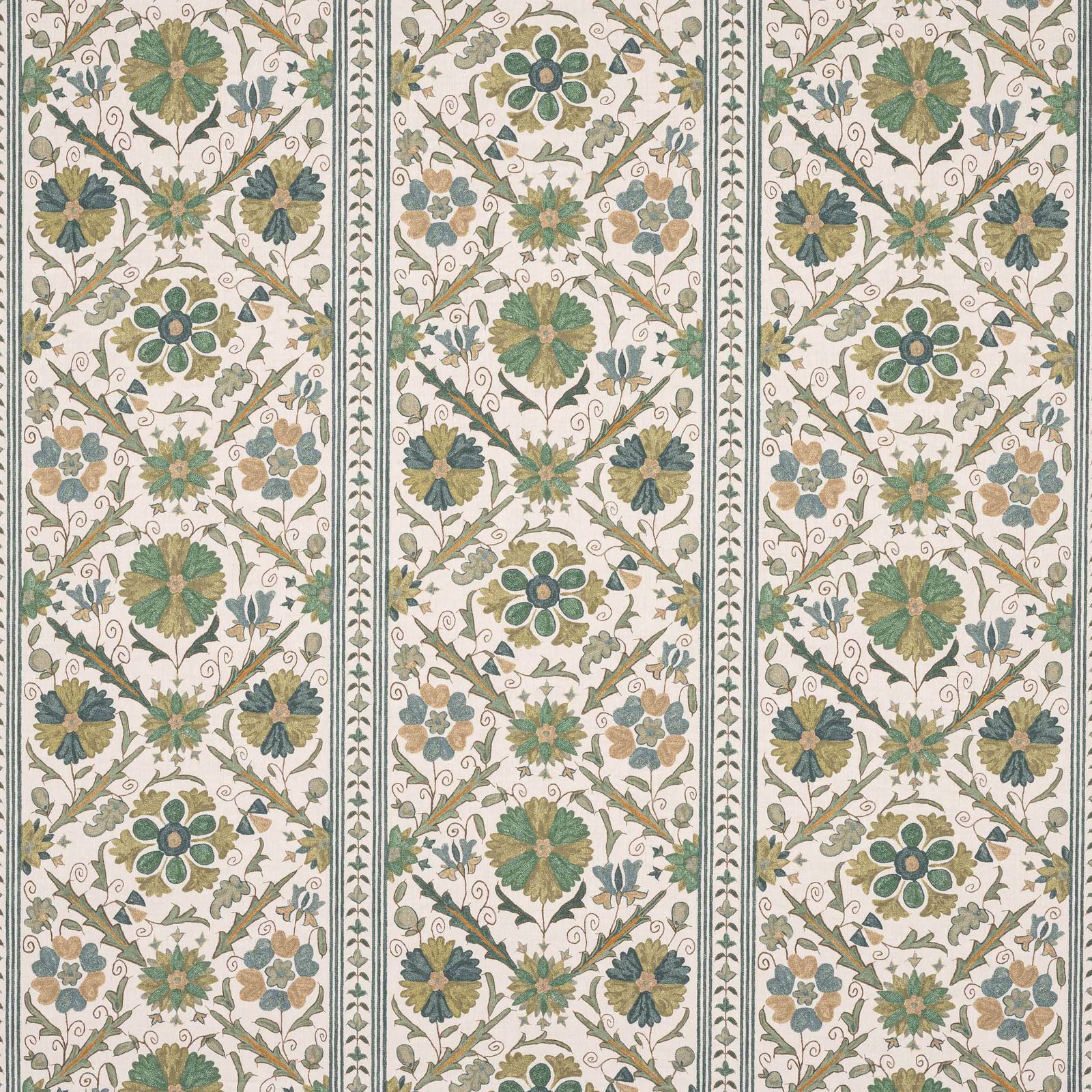 Floral striped linen fabric with forest green, teal and khaki motifs