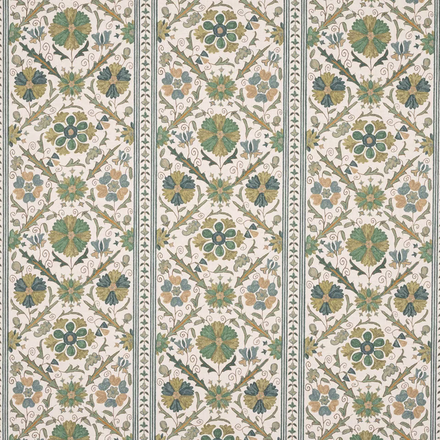 Floral striped linen fabric with forest green, teal and khaki motifs