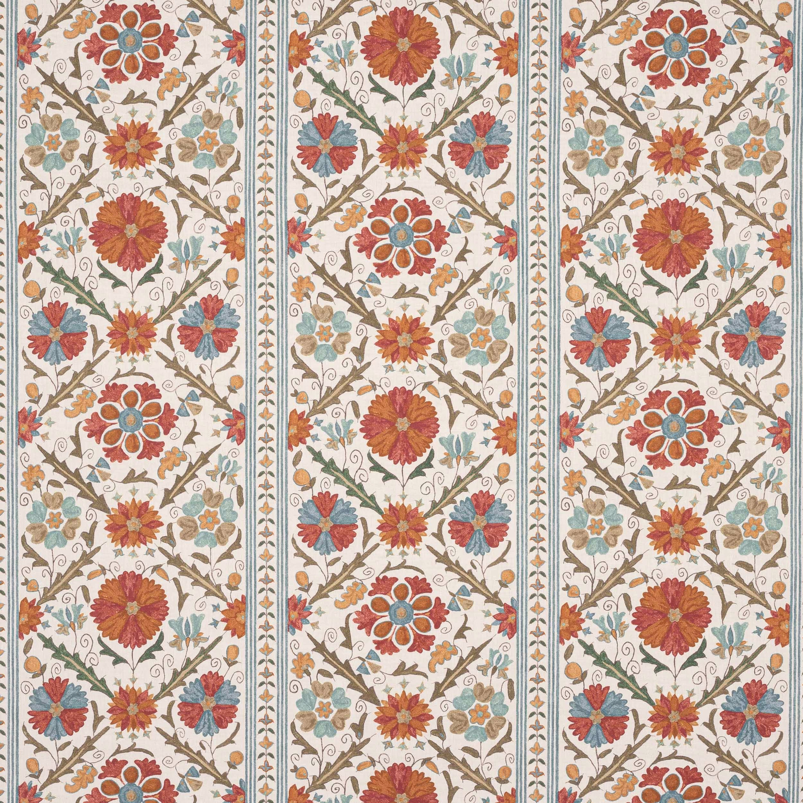 Floral linen swatch with tomato red blooms, olive vines and teal accents