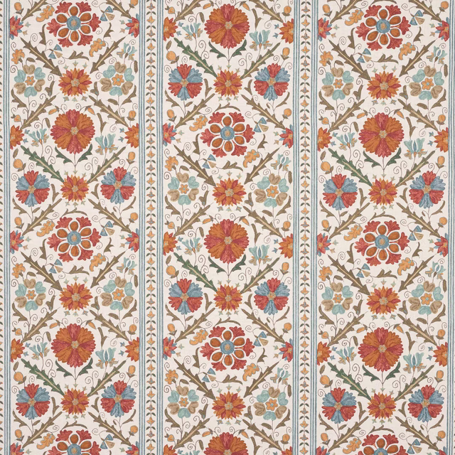 Floral linen swatch with tomato red blooms, olive vines and teal accents