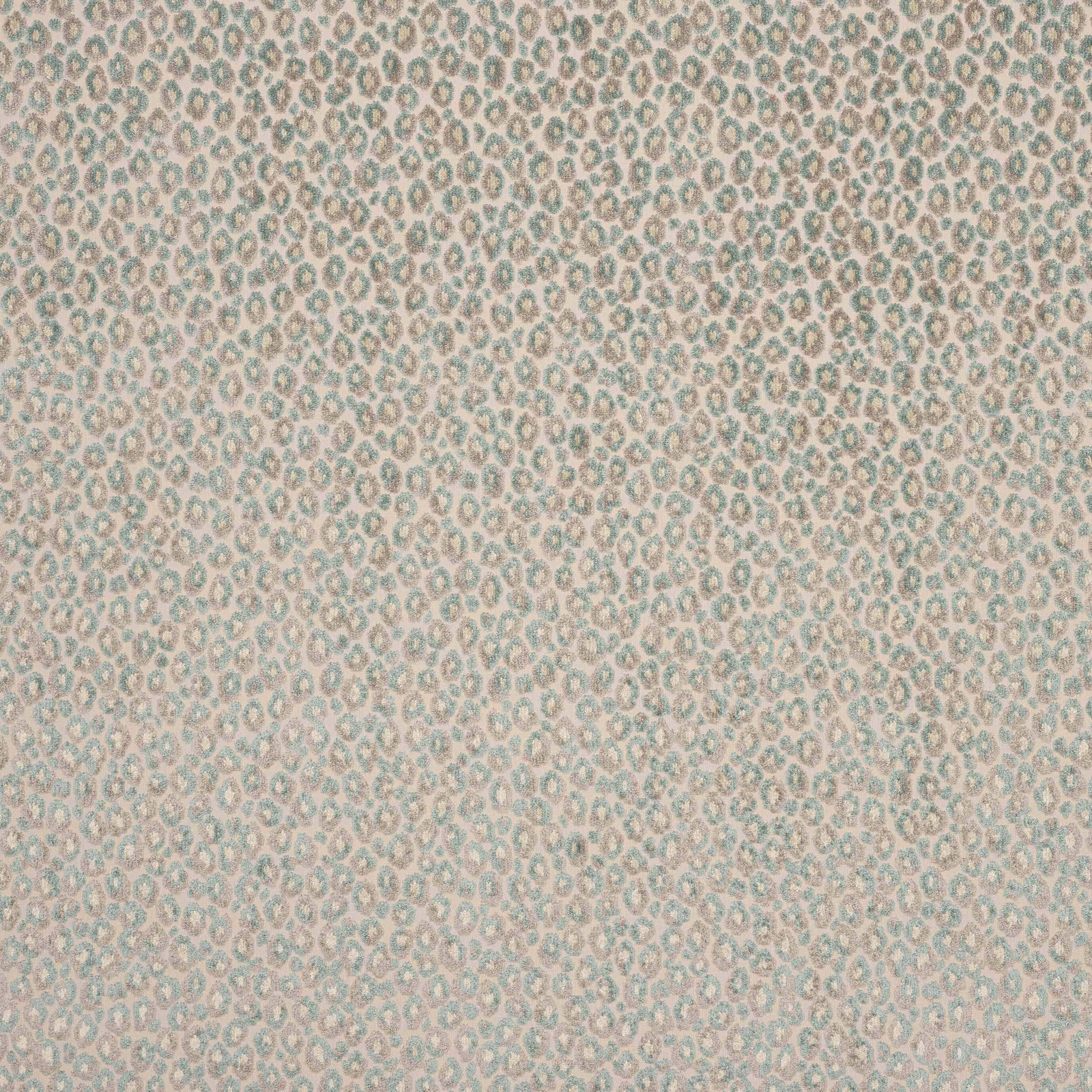 Small aqua animal spots on a pale beige-cream fabric swatch