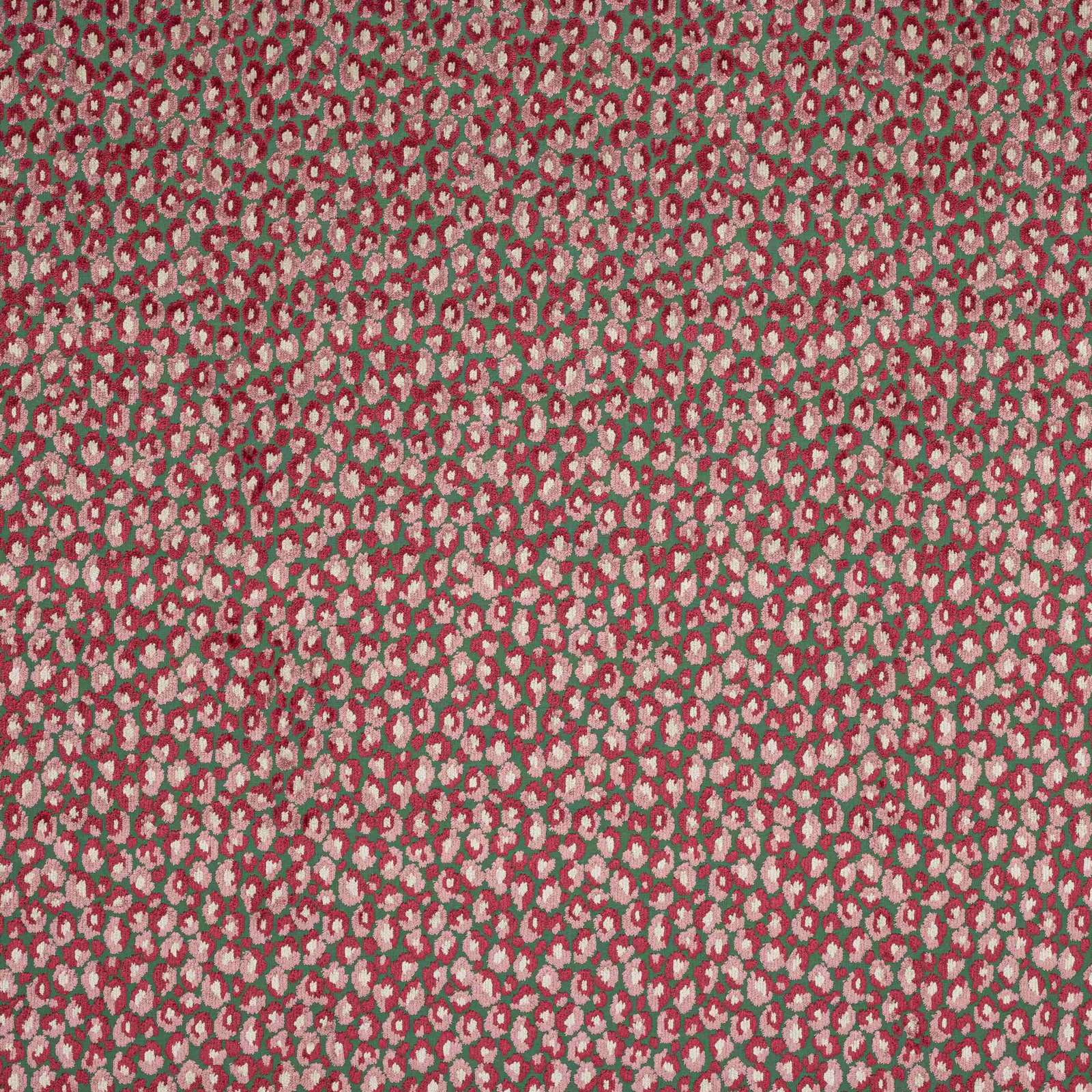 Small-scale pink and green floral woven fabric with an all-over textured repeat