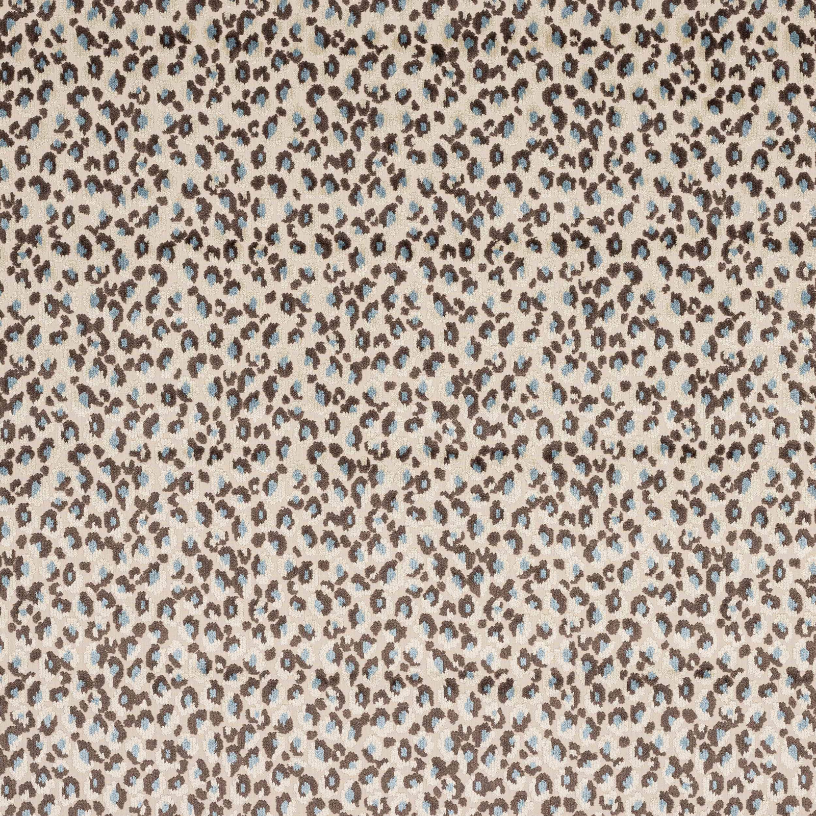 Stone beige leopard-print fabric with cocoa and pale blue spots
