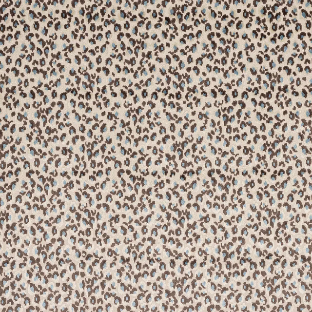 Stone beige leopard-print fabric with cocoa and pale blue spots