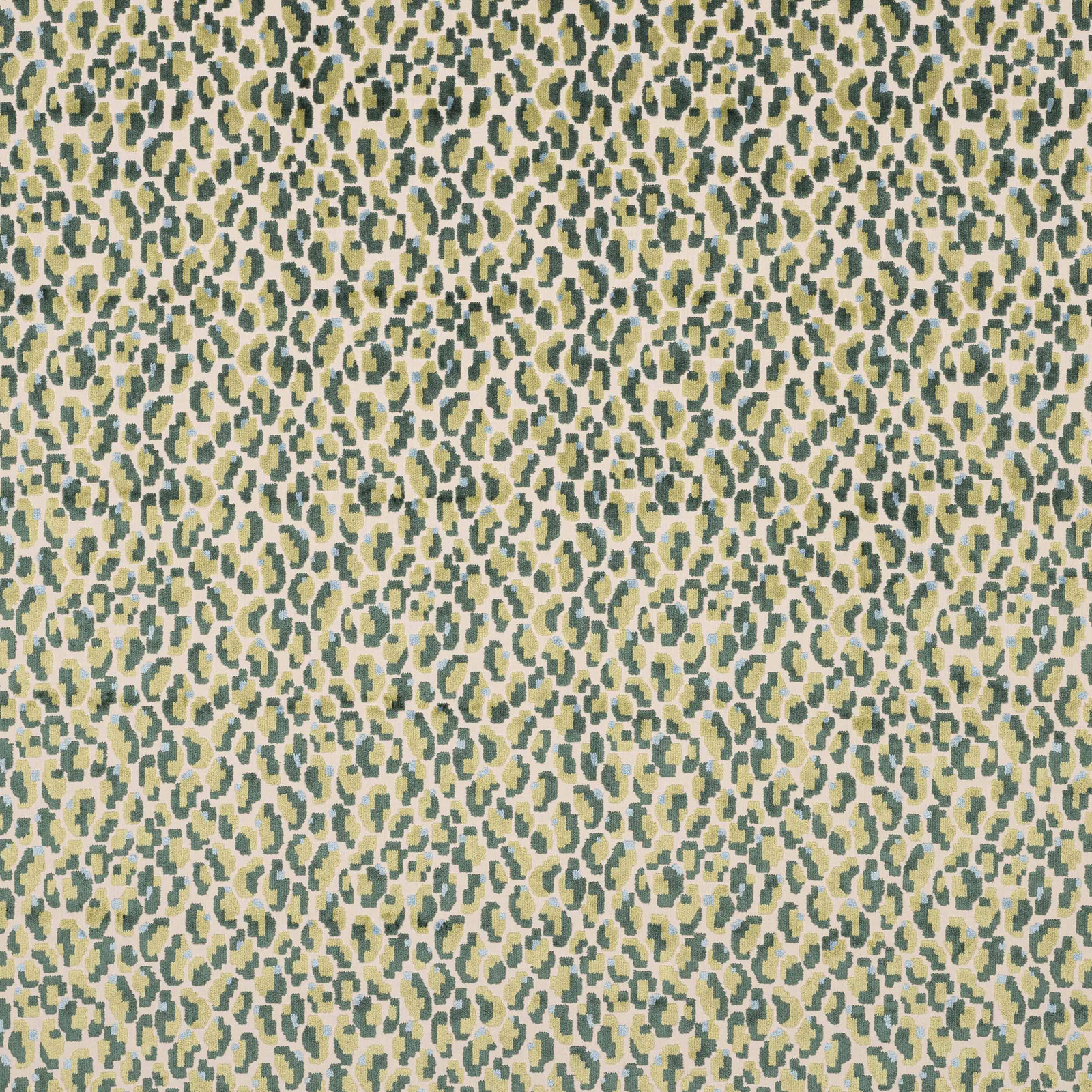 Close-up of a pale ground fabric with small mottled moss-green abstract marks