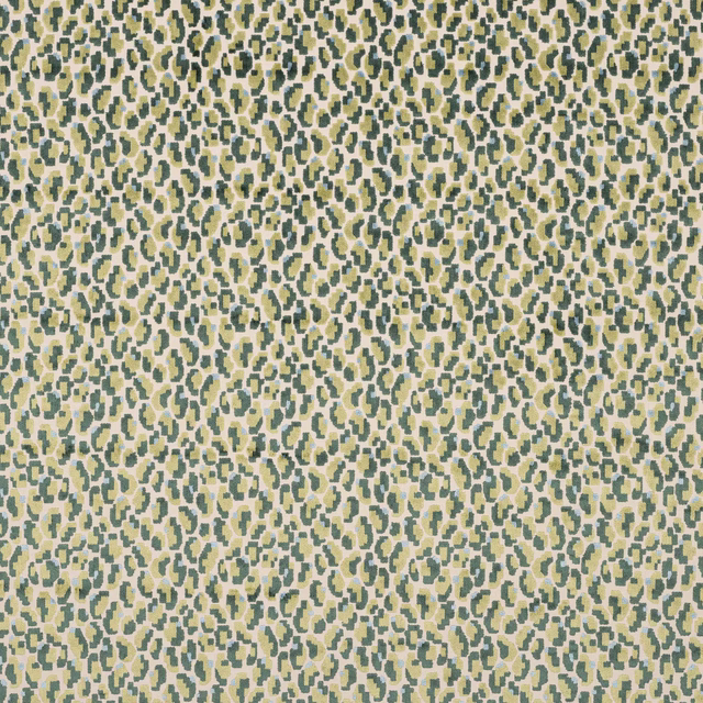Close-up of a pale ground fabric with small mottled moss-green abstract marks