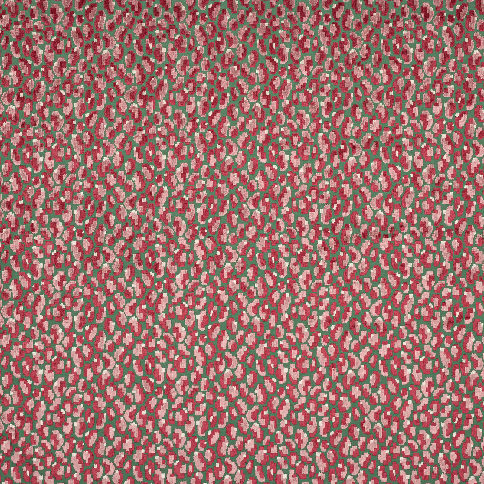 Close-up of a small-scale pink, green and taupe abstract woven fabric