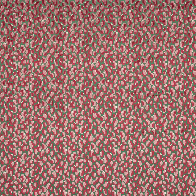Close-up of a small-scale pink, green and taupe abstract woven fabric