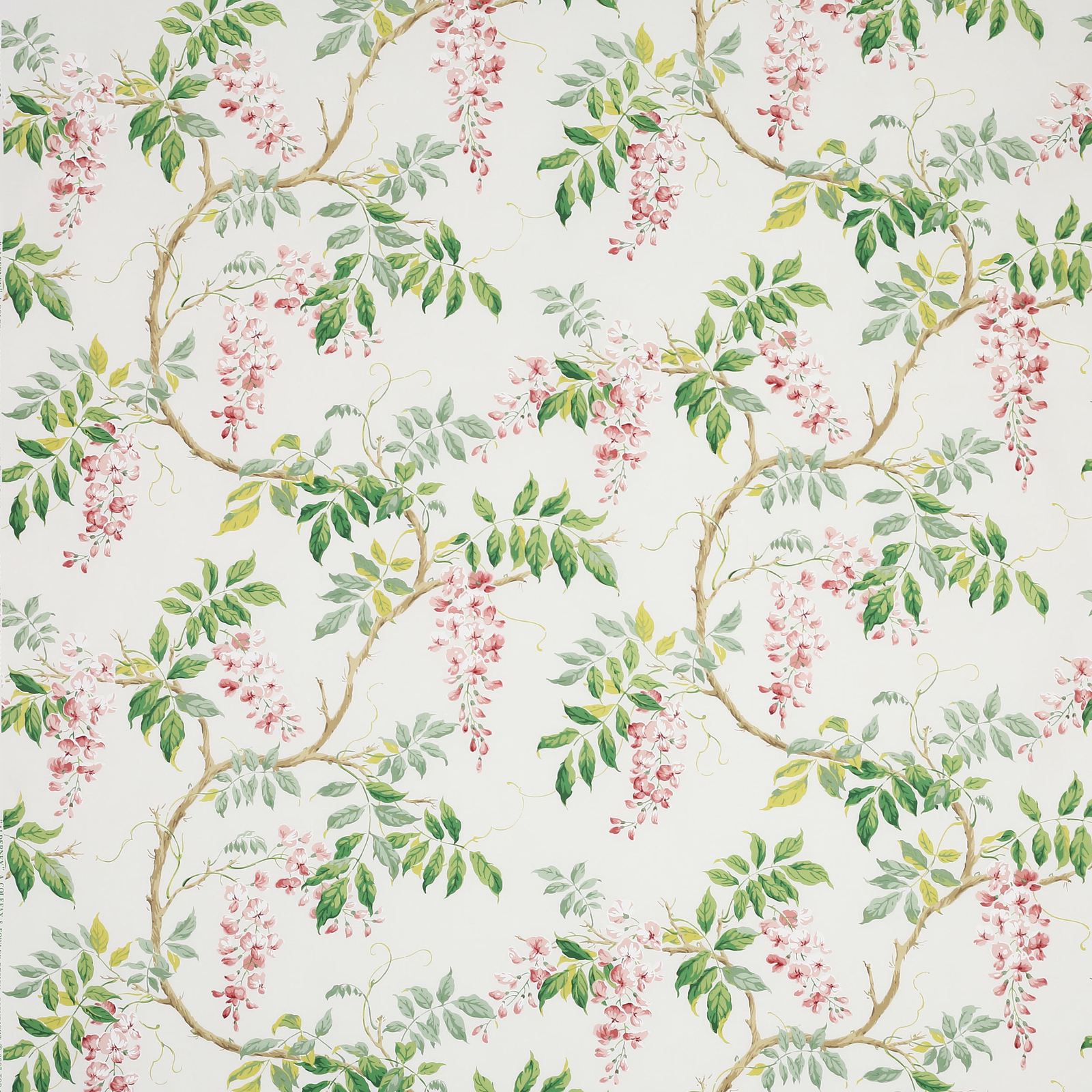 Cream cotton fabric with winding branches, pink blossom clusters and green leaves