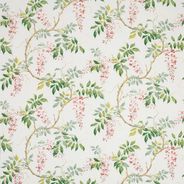 Cream cotton fabric with winding branches, pink blossom clusters and green leaves