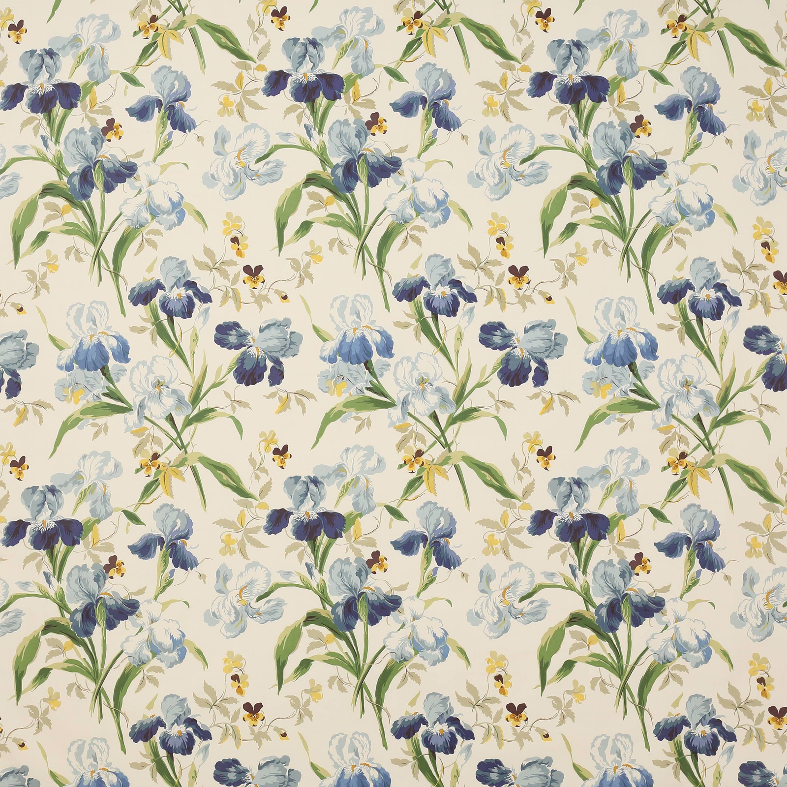 Blue and green floral cotton fabric on a cream ground, with painterly stems
