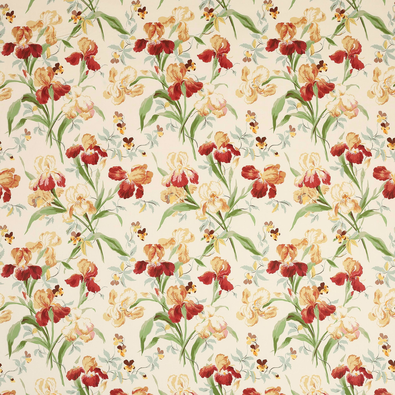 Cream floral fabric with pink, red and green painterly blossoms