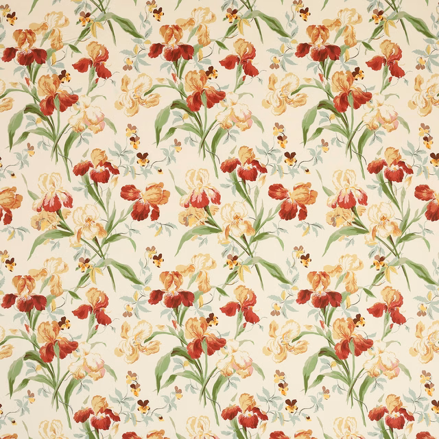 Cream floral fabric with pink, red and green painterly blossoms