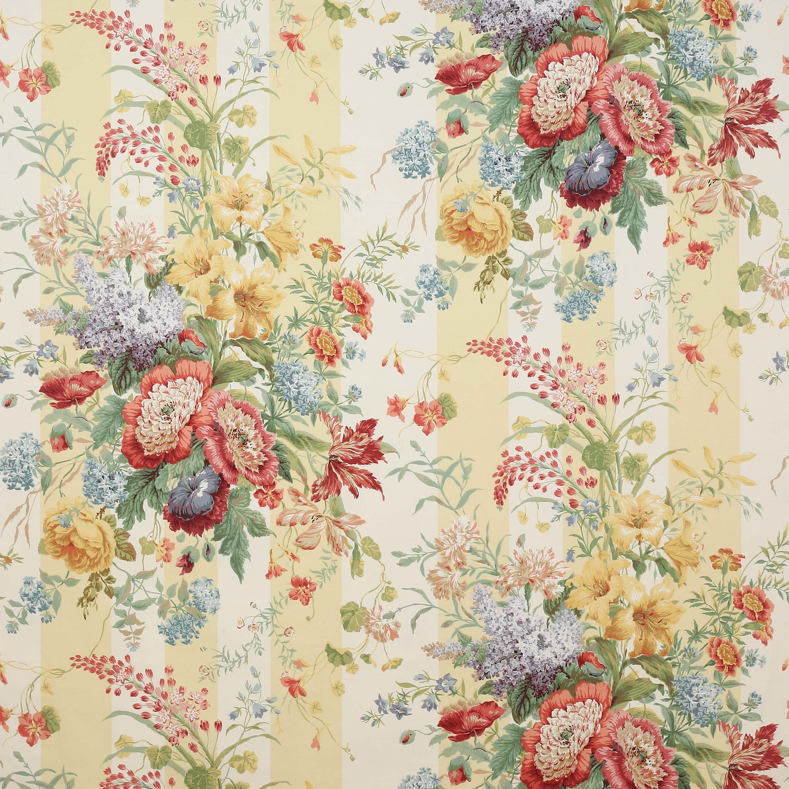 Large floral cotton fabric with pale yellow striped ground and multicoloured blossoms