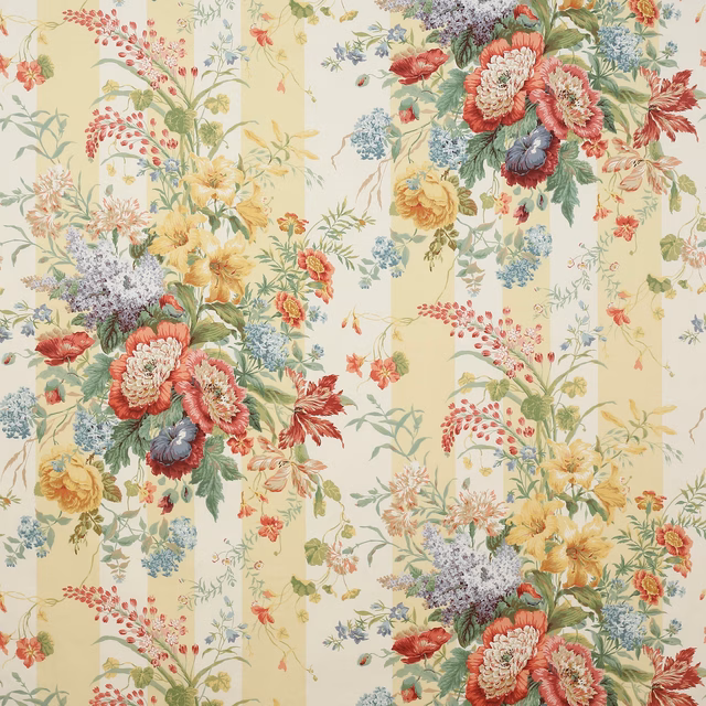 Large floral cotton fabric with pale yellow striped ground and multicoloured blossoms