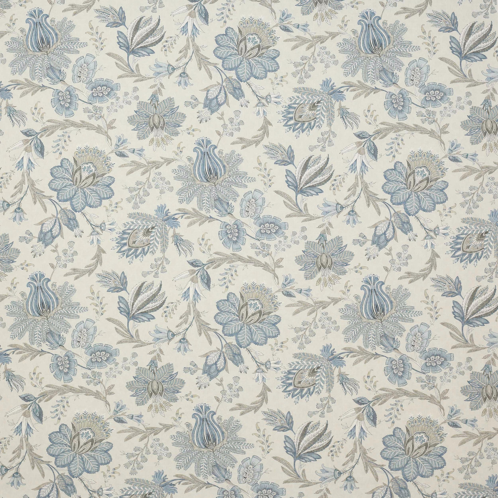 Pale linen floral fabric with muted old blue blossoms and taupe-grey leaves