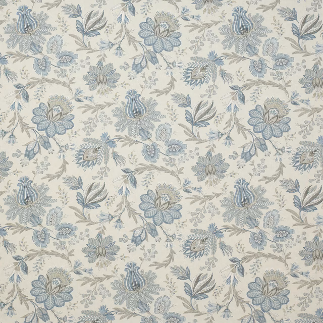 Pale linen floral fabric with muted old blue blossoms and taupe-grey leaves