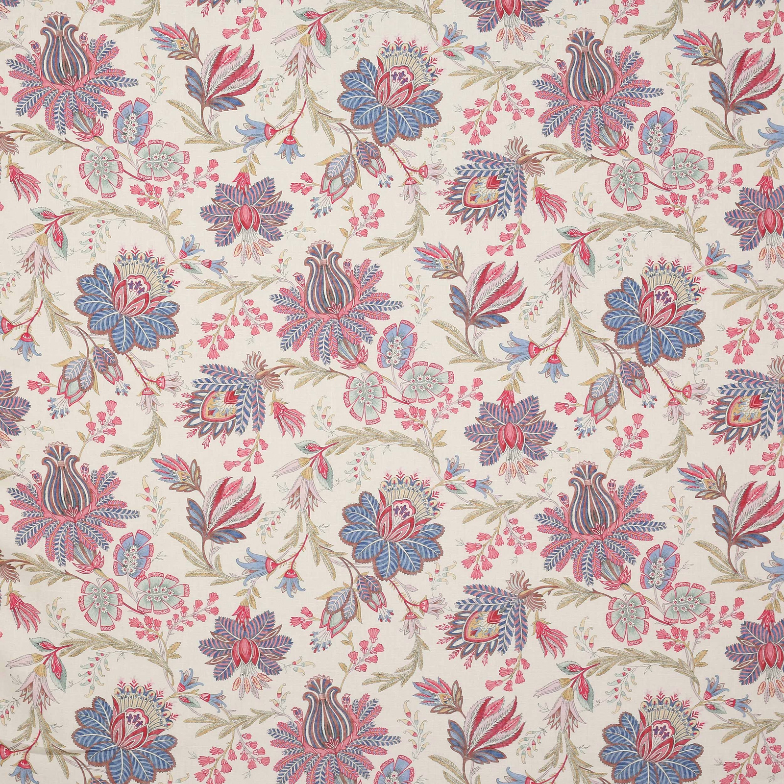 Ivory linen swatch with large red and blue floral pattern