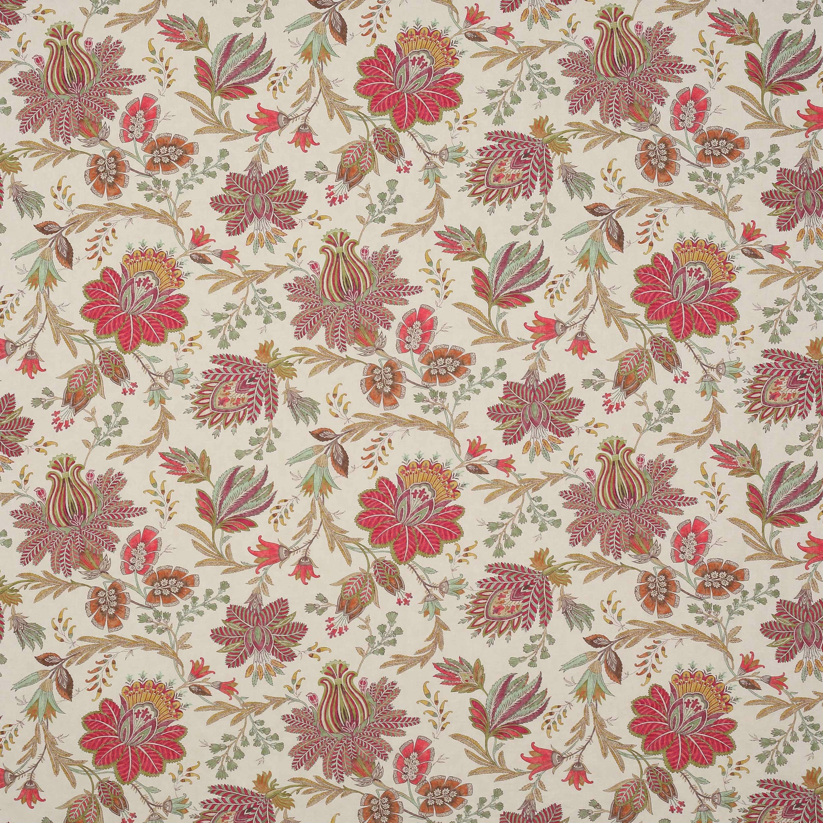 Pale ground floral linen with red blooms, green leaves and scrolling stems