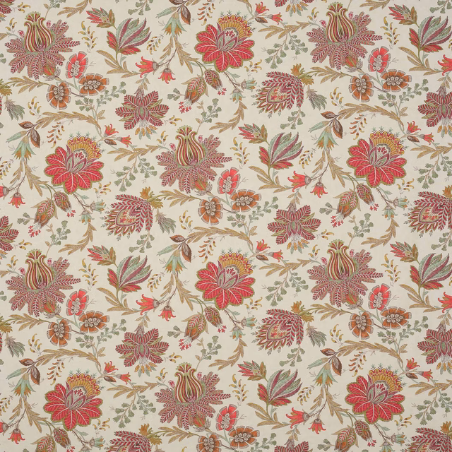Pale ground floral linen with red blooms, green leaves and scrolling stems