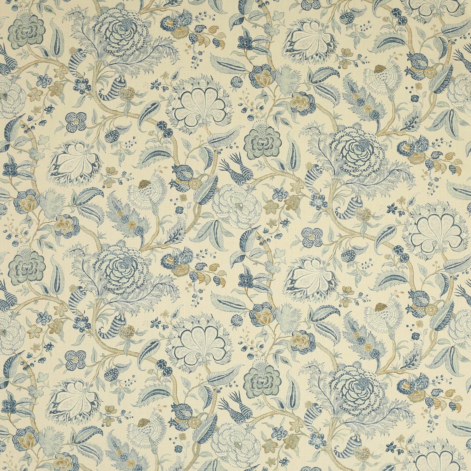 Cream linen floral fabric with soft blue and sage scrolling flowers and leaves