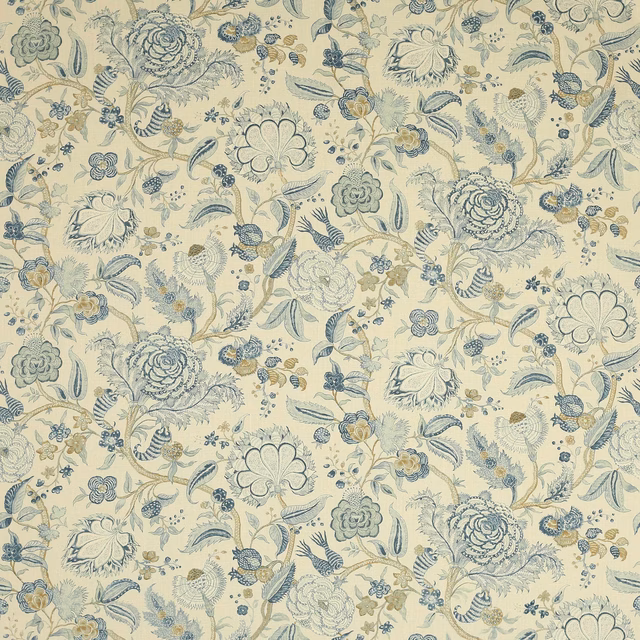 Cream linen floral fabric with soft blue and sage scrolling flowers and leaves