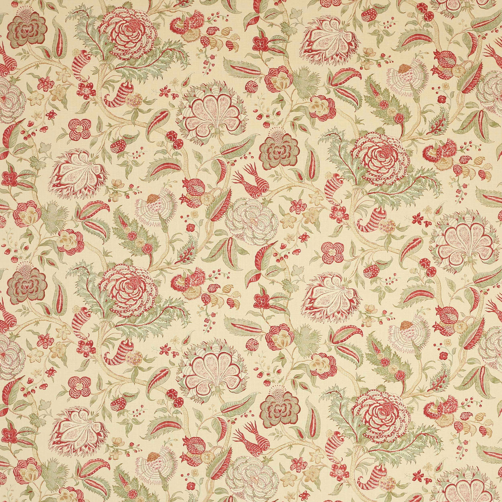 Cream linen fabric with large red floral motifs and soft sage green leaves