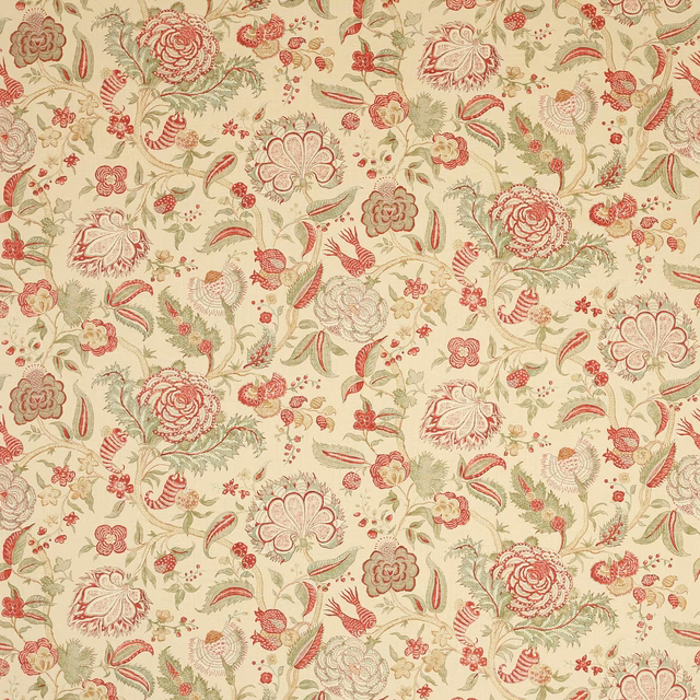 Cream linen fabric with large red floral motifs and soft sage green leaves