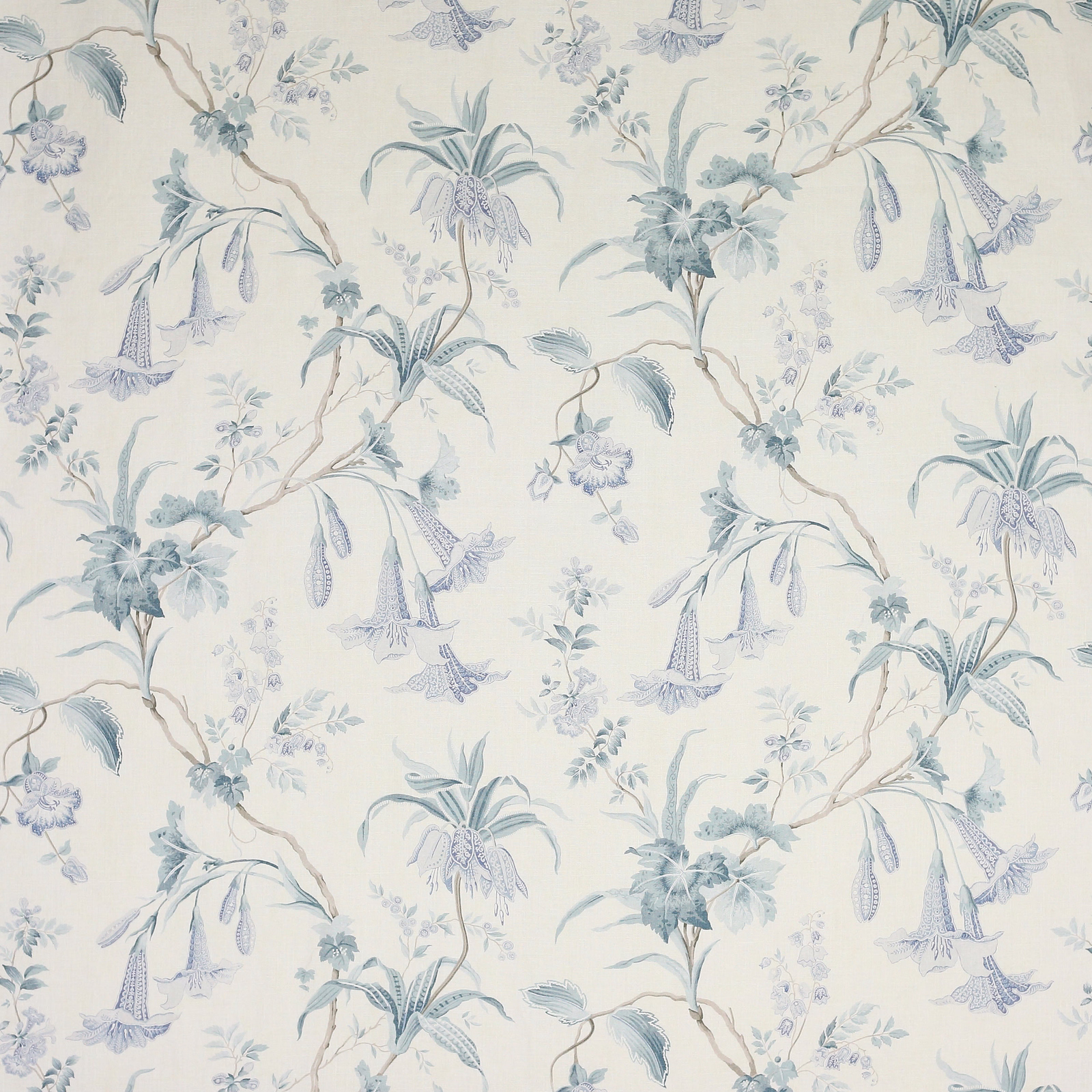 Pale blue floral linen with trailing bell-shaped blooms on an ivory ground