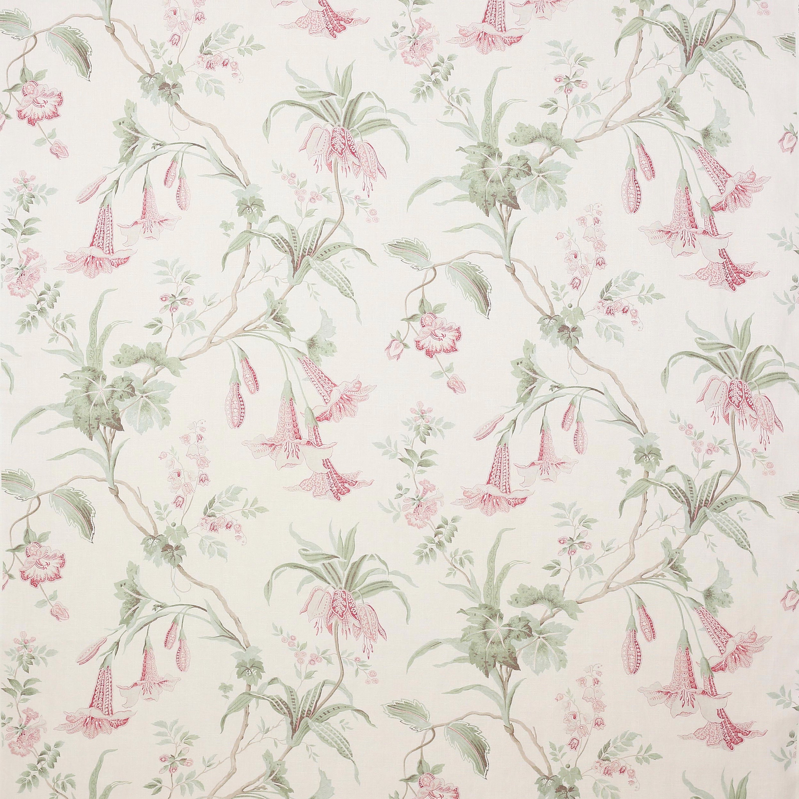 Soft pink and sage trailing floral linen fabric on a pale ground