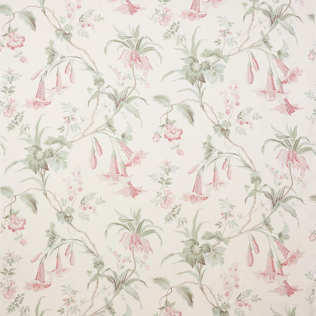 Soft pink and sage trailing floral linen fabric on a pale ground