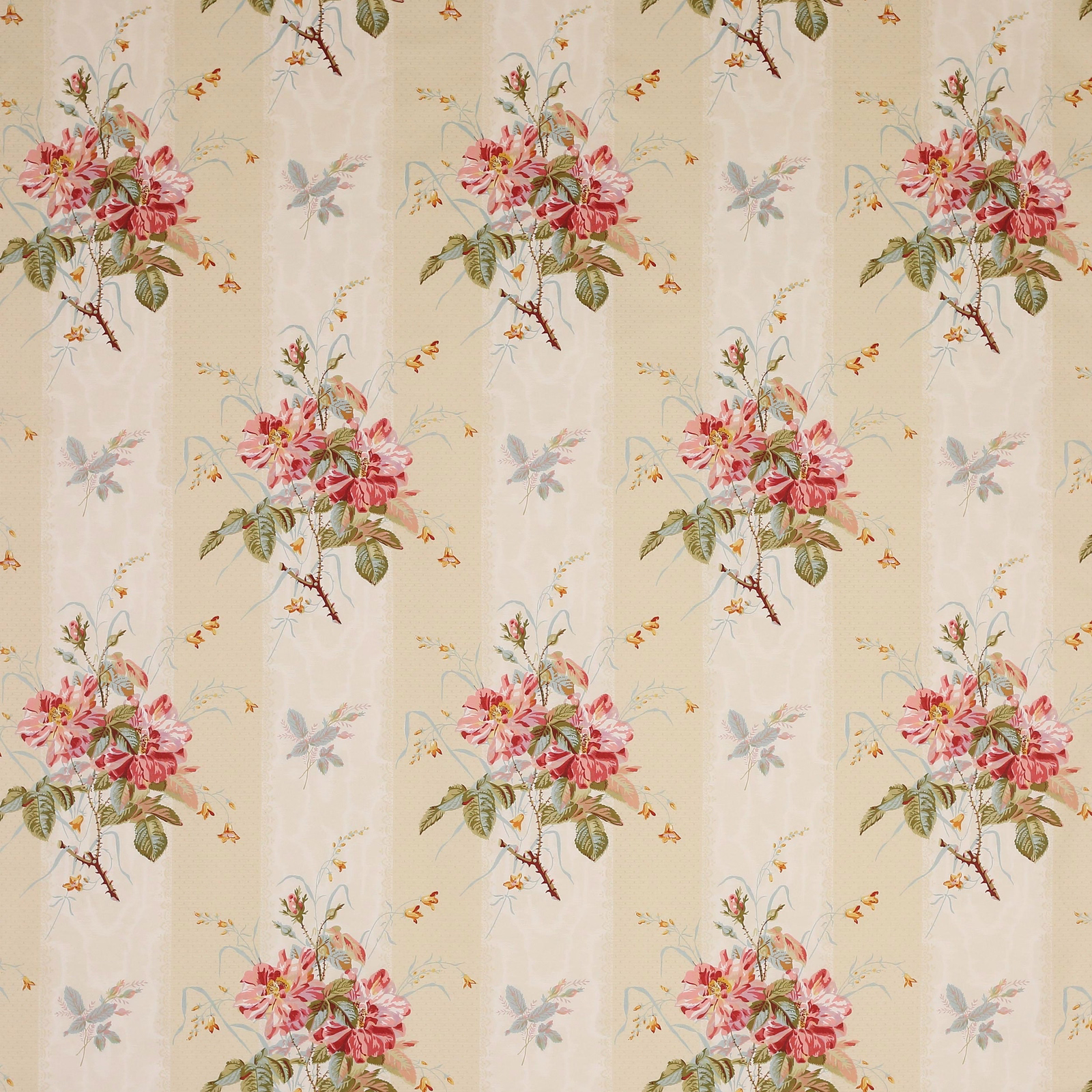 Beige cotton fabric with large pink floral sprays and green foliage